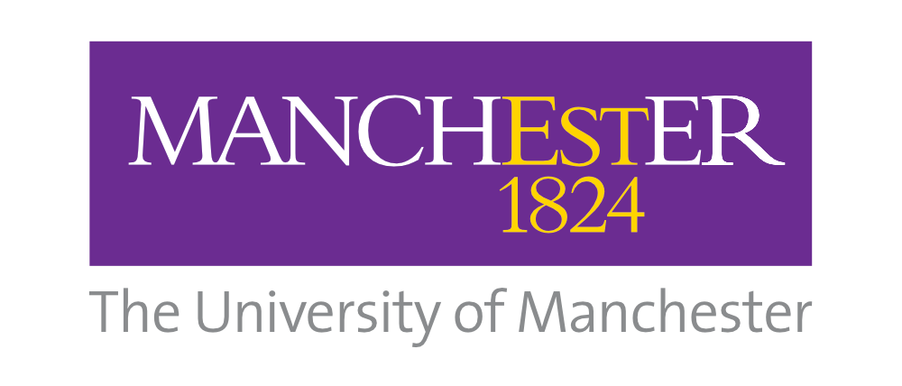 The logo of the University of Manchester - A purple rectangle containing the word Manchester, and the words "University of Manchester" in grey underneath. The letters EST in the rectangle are a yellow colour, with the number 1824 underneath, also yellow, implying the phrase "Established 1824"