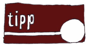 The logo for TiPP - A brown flag with a white line striking through the lower quarter which ends in a white circle in the lower right corner, and the lowercase letters "tipp" above the line to the left.