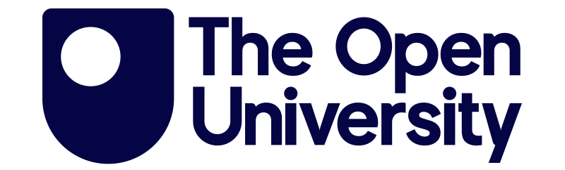 The Open University Logo - To the left, a blue rectangle with a semicircular bottom, and a white circle in its upper left corner. To the right, the words The Open University
